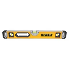 Aluminum frame box level with acrylic vials for top and side read. 24-inch overall length with hand grips. Used for general leveling and plumbing tasks in construction and woodworking.