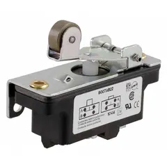 Snap-action switch with roller lever actuator and 1NO/1NC contact configuration. Rated 6 A at 480 V AC with screw-type electrical connection. Used for position sensing and limit control in industrial machinery, conveyors, and automated equipment.