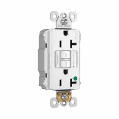 Duplex GFCI receptacle rated 125V AC and 20A with a 5-20R configuration. White body. Suitable for general purpose use in commercial and institutional settings where ground-fault protection is required.