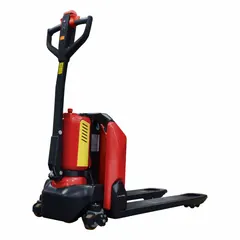 This electric pallet jack is designed for moving palletized loads in warehouses and distribution centers. It features a 48V lithium-ion battery, 45-inch fork length, 21-inch width across forks, and 10-inch width between forks. The narrow steel fork construction allows operation in tight aisles with standard pallets.