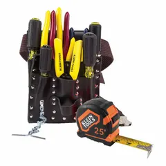 This 10-piece tool set includes a wire stripper, two Phillips screwdrivers, and tongue and groove pliers, all housed in a tool pouch. SAE sizing applies; no sockets included. Suitable for electrical and telecom wiring and terminal work.