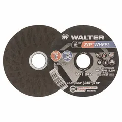 This Type 1 cut-off wheel is designed for general-purpose cutting of carbon and stainless steel. It measures 4 1/2 inches in diameter, 3/64 inches thick, with a 7/8 inch arbor hole, and is made of aluminum oxide abrasive. Suitable for use with portable angle grinders in metal fabrication, maintenance, and repair applications.