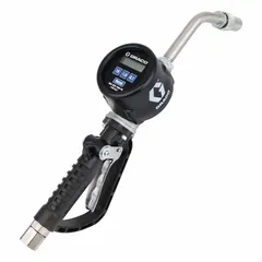 This digital metered preset dispense gun features a stainless steel nozzle body and spout with a rigid extension. It has a 3/4 in NPT spout connection and a maximum flow rate of 20 gpm. The pressure-activated design includes wetted materials of acetal, aluminum, carbon steel, Geolast, nitrile rubber, and stainless steel. Suitable for precise fluid dispensing in industrial lubrication and fluid-handling applications.