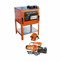 This stationary corded rebar cutter and bender handles #8 max cut and bend sizes with a 1 in depth of cut. It operates on 115V and is used for cutting and bending rebar in concrete reinforcement and construction applications.