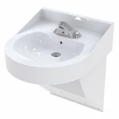 This BESTCARE institutional bathroom sink features a D-shaped white bowl with a 21-1/2 in length and 4 in depth. It is ADA compliant and designed for wall mounting. The sensor-operated faucet enables touch-free operation, suitable for high-traffic public restrooms, hospitals, and schools.