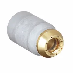 Replacement shield cup for Thermal Dynamics SL60/100 handheld plasma torches rated at 100 A. Protects the nozzle and directs gas flow during plasma cutting operations. Direct replacement part for maintaining torch function and consumable life.