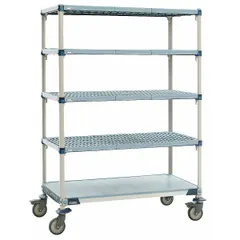 This mobile plastic shelving unit features five shelves with antimicrobial and corrosion-resistant polymer construction. It includes two swivel casters for easy repositioning and is NSF Approved for sanitation standards. Typical applications include commercial kitchens, healthcare, and foodservice environments requiring hygienic storage.