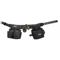 This padded tool belt is designed for carpentry applications. It features an adjustable waist size from 37 to 54 inches and includes 18 pockets for carrying tools and fasteners. The belt is black in color.