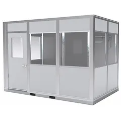 This PORTA-KING in-plant office is a pre-assembled 4-wall unit with an aluminum frame and gray vinyl-covered drywall. It includes six windows and has a Sound Transmission Coefficient of STC 25, suitable for reducing ambient noise in industrial environments. The office provides a private workspace for supervision, administration, or break areas within a facility.