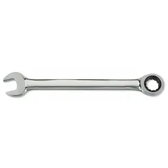 This SAE 12-point ratcheting combination wrench is constructed from alloy steel with a chrome finish. It features a 1-11/16 in head size and a 24-1/8 in overall length. Suitable for fastening and loosening bolts in industrial maintenance, repair, and assembly tasks.