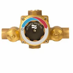 This thermostatic mixing valve blends hot and cold water to deliver a consistent outlet temperature. It features check-stops for integrated shut-off and backflow prevention. The 3/4 in outlet connection is suitable for point-of-use applications such as handwashing stations and showers.