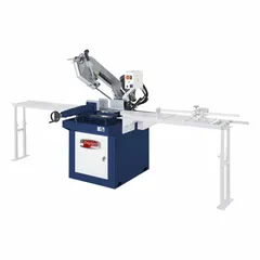 This mitering manual horizontal band saw operates at blade speeds from 90 to 275 FPM and offers a mitering range of 0° to 60°. Powered by a 5.0 A, 110V, 1-phase motor, it is suited for cutting metal stock at precise angles in fabrication and maintenance applications.