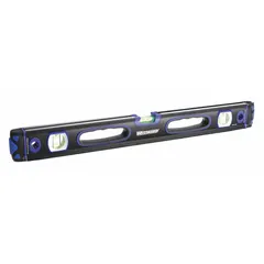 This 24-inch I-beam level features a side-read-only acrylic barrel and an aluminum frame. It is used for checking level and plumb in construction, carpentry, and industrial framing applications such as installing beams, shelving, and piping.