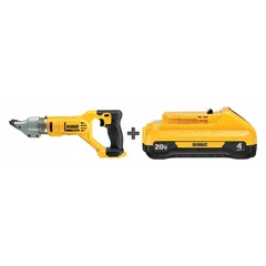 This DEWALT cordless shear is a double cut tool for cutting sheet metal, including steel up to 14 gauge. It operates on a 20V DC battery (4 Ah included, charger sold separately) and can make straight or curved cuts with a minimum cutting radius of 5 inches. Typical applications include HVAC ductwork, roofing, and metal fabrication.