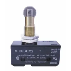 Roller-plunger snap-action switch from the OMRON A Series with 1NO/1NC contact configuration. Rated for 20 A at 480 V AC with solder electrical connection. Used for position sensing and limit control in industrial automation, packaging machinery, and conveyor systems.