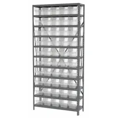 This metal stationary shelving unit includes 36 clear polymer shelf bins (4 in x 11-1/8 in x 17-7/8 in each) on a gray steel frame with 11 shelves. The open-front design allows quick visual identification and access to stored items. Suitable for organizing industrial components, parts, and small items in warehouses, factories, and maintenance shops.
