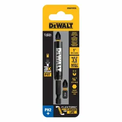 This DEWALT insert bit is a #2 Phillips (PH2) bit with a 1-inch overall length and hex shank. Made from S2 steel, it is designed for driving screws into wood, drywall, and light metal. Suitable for use with compatible power tools in construction and assembly tasks.