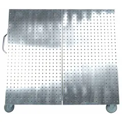 This A-frame mobile pegboard rack is constructed of stainless steel with a silver finish. It measures 27 inches by 48 inches by 46 inches and features 3/8-inch peg holes for hanging tools or parts. The rack includes two rigid casters and two swivel casters for mobility. Suitable for organizing and displaying items in warehouses, workshops, or retail environments.
