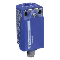 Non-metallic EN50047 body and receptacle assembly for limit switches, part of the XCKP series. Features a 4-pin M12 male connector, two mounting holes, and a 1NO/1NC contact configuration. Used in industrial automation for position sensing and machine control applications.