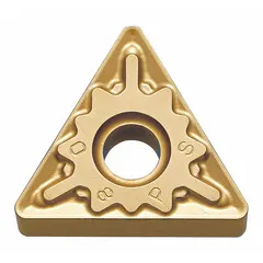 Triangle (T) indexable turning insert made of PVD cermet, designed for finish turning operations on steel and stainless steel in CNC lathes. The triangular shape provides three cutting edges for cost-effective machining, while the chipbreaker geometry aids in controlled chip evacuation.