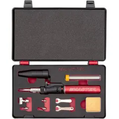 Self-igniting butane soldering iron kit with a 75-minute run time. Suitable for precision soldering, heat shrinking, and light brazing in electronics repair, HVAC, and field maintenance applications.