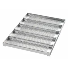 This half-size sub sandwich roll pan is made of aluminized steel with a 16 ga gauge and a silver finish. It features 5 slots and an overall width of 17 3/4 inches. Suitable for baking sub sandwich rolls in commercial kitchens and foodservice operations.