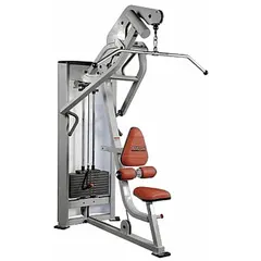 This back machine features a powder-coated steel frame in gray and orange with vinyl upholstery. Overall length is 72 inches. Suitable for strength training targeting the latissimus dorsi and upper back muscles in commercial gyms and fitness facilities.