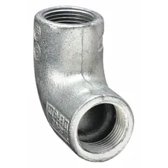This 90° elbow is made of electroplated iron with female NPT threads on both ends. It is used to change the direction of conduit runs in electrical systems, particularly in hazardous locations. The 3/4 in trade size accommodates standard conduit connections.