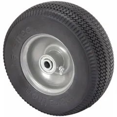 This flat-free polyurethane foam wheel has an 8-5/8 in diameter and 3 in width, supporting up to 275 lb. The 2.80/2.50-4 tire sidewall number indicates compatibility with standard pneumatic tire rims. It is suited for light-duty material handling equipment such as industrial carts and hand trucks, providing puncture-proof operation on hard, flat surfaces.