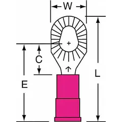Vinyl-insulated ring terminal for 22 AWG to 18 AWG wire. Accommodates #10, #6, and #8 stud sizes. Rated for 1,000 V. Suitable for power distribution and control wiring applications requiring secure ring-type connections.