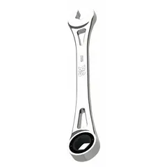 Chrome-finished alloy steel combination wrench with a 14 mm 6-point ratcheting box end and open end. Overall length 8 3/8 inches. Used for tightening or loosening fasteners in confined spaces where ratcheting action improves access and speed.