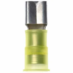 Female quick disconnect terminal with partial nylon insulation, color-coded yellow for 12 to 10 AWG wire. Used for making separable connections in control panels, automotive wiring, and appliance assemblies where a secure, removable termination is required.