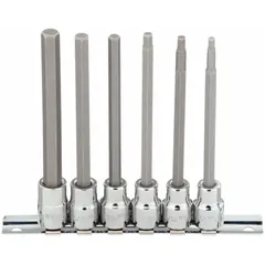 This 25-piece hex bit socket set includes 6 pieces with a 3/8 in drive size and SAE sizing. The overall length is 4 53/64 in. Suitable for driving hex fasteners in automotive repair, machinery assembly, and general maintenance tasks.