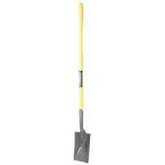 This garden spade features a 14-gauge steel blade with a black finish and a yellow fiberglass straight handle. Suitable for digging, edging, and transplanting in landscaping tasks.