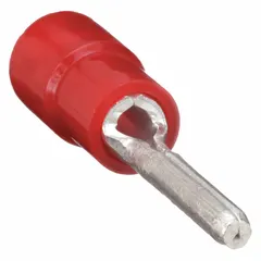 Red vinyl-insulated pin terminal with a 0.075 in pin diameter and butted seam style. Used for terminating wires in electrical panels, control cabinets, and industrial machinery, providing secure connections in power distribution and automation systems.