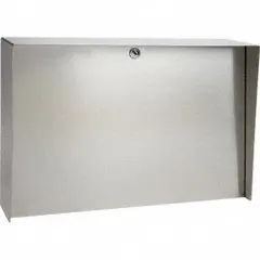 Stainless steel cover housing for gate operator access control devices. Polished silver finish with cam lock. Overall height 14 inches, dimensions 6 inches by 20 inches. Protects keypads, card readers, or intercoms from weather and tampering in outdoor entry systems.