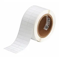 Nylon wraparound label roll for permanent wire identification. Black printing on white background. Designed for wire gauges 24 AWG to 20 AWG. Compatible with i5100 printer series; requires R4302 ribbon. Typical use in industrial electrical panels, control cabinets, and cable management.