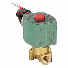 This REDHAT solenoid valve is a 2-way, 2-position normally closed type designed for high-flow applications. It has a 1/4 in pipe size and operates on 110V AC voltage. The coil enclosure is without a junction box. Typical uses include on/off control of water, air, and light oil in industrial fluid systems.