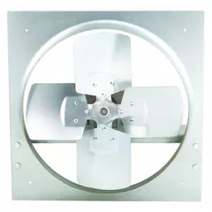Standard direct-drive panel exhaust fan with a 16-inch blade, 1/4 hp motor delivering 2,548 cfm. Operates on 115/230V AC single-phase, single speed. Features a totally enclosed air-over motor with Class B insulation and a galvanized steel frame. Assembled unit, constructed via stamped method, without intake guards. Suitable for general ventilation in industrial and commercial spaces.