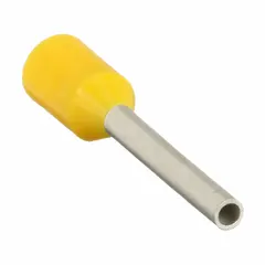 Insulated ferrule for terminating stranded wire into terminal blocks, preventing fraying and ensuring secure connections. Holds 1 wire, yellow polypropylene insulation, 0.04 in ferrule diameter. Suitable for control wiring in industrial panels and automation systems.