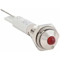 Red LED indicator pilot light with raised head design for 6 mm panel mounting hole. Electrical connection via lead for soldering. Used in industrial control panels and machinery to provide visual status indication.