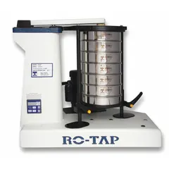 The W.S. TYLER RX-29 mechanical sieve shaker accepts 8-inch diameter sieves and provides circular, horizontal, and vertical tapping motion for particle size analysis. It is used in laboratory and industrial settings to separate and classify granular materials by size.
