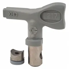 This GRACO airless spray gun tip features a 0.017 in orifice size and is finished in gray. It is designed for use with the XHF series and is compatible with model XHD001. Commonly used for applying paints, lacquers, and enamels in industrial finishing and construction tasks.