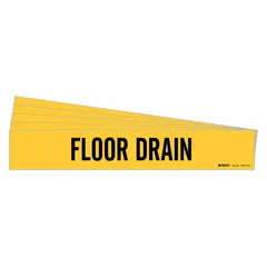 Yellow adhesive pipe marker with black 'Floor Drain' legend for identifying floor drain pipes. Fits pipes with outer diameter of 8 inches and larger. Pack of 5 markers without directional arrows. Suitable for industrial piping systems to aid maintenance and safety teams in locating drainage points.