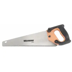 This carpenter's saw features a 15-inch steel blade with 7 teeth per inch, designed for cutting wood. With an overall length of 18-1/2 inches, it is suitable for framing, trimming, and general woodworking tasks where a manual saw is preferred.