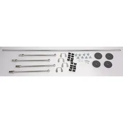 This stationary end unit kit is designed for use with Metro Top-Track wire shelving systems. It includes eight steel posts with a chrome finish and provides structural support for the end of a shelving bay. Suitable for commercial storage applications such as kitchens, warehouses, and retail areas.