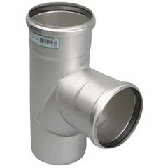 Stainless steel push-fit pipe tee with 2 in x 2 in x 2 in female connections on all ends. Rated for maximum operating pressure of 29 psi. Complies with ASME A112.6.3. Used in drainage and low-pressure fluid systems for branching or combining flow in a T-configuration.