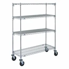 This METRO mobile wire shelving unit is designed for dry-use storage. It includes four steel shelves with a chrome finish and silver color, mounted on a circular post frame with a split sleeve design. The unit is equipped with polyurethane caster wheels and measures 20 3/16 in x 62 in x 67 7/8 in. Suitable for organizing inventory in commercial and industrial environments.