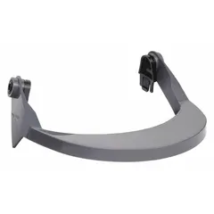 This gray nylon adapter mounts a face shield to a hard hat, providing impact and splash protection for the face in industrial environments such as construction, manufacturing, and maintenance.