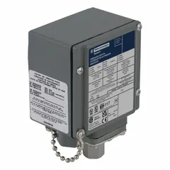 This pressure switch from the 9012G Series is designed for liquid- and corrosion-resistant machine tool applications. It features a single 1/4-18" FNPT pressure connection port and operates within a pressure range of 3 psi to 150 psi. Suitable for monitoring and controlling pressure in industrial hydraulic and pneumatic systems.